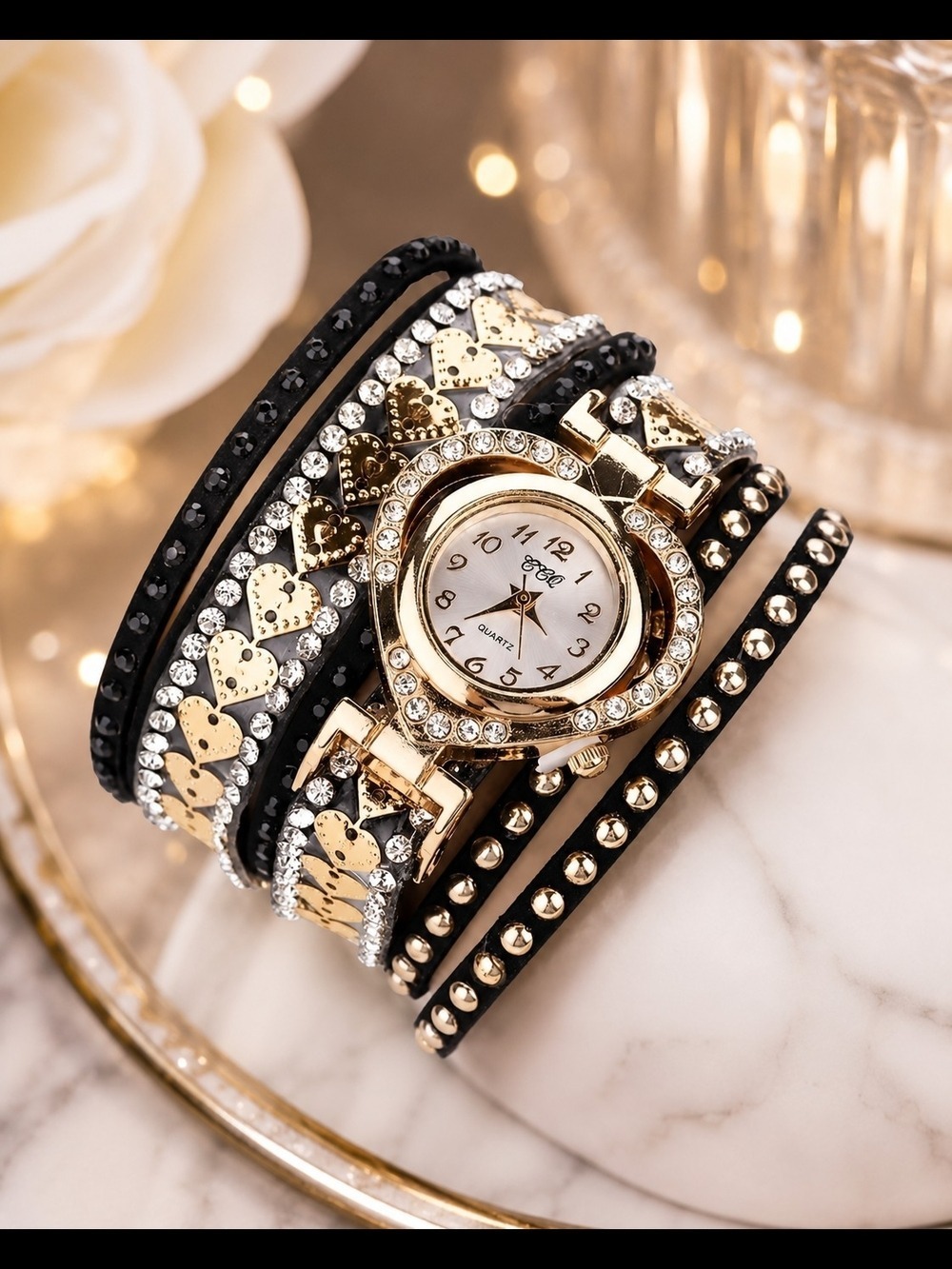Gold Heart Wrap Watch Bracelet Black- Battery Included